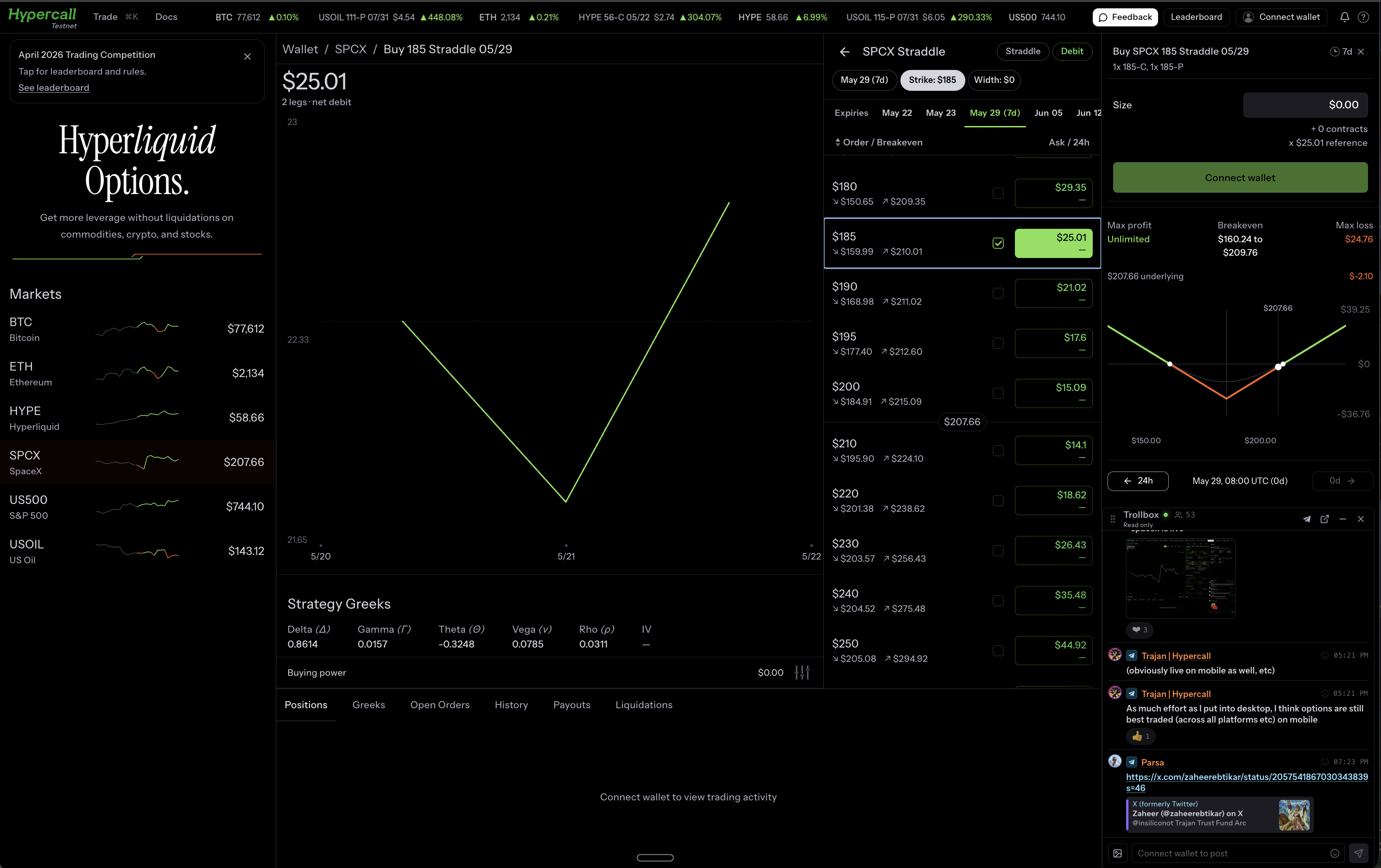 SPCX straddle builder showing payoff, greeks, and order form