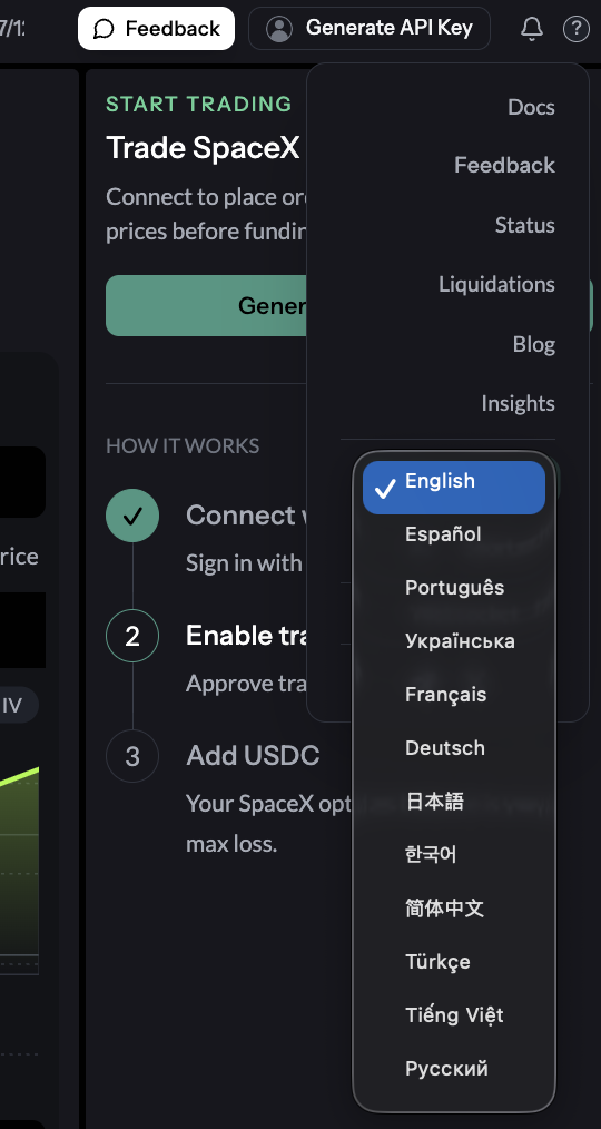 Hypercall app language picker showing all 12 language choices
